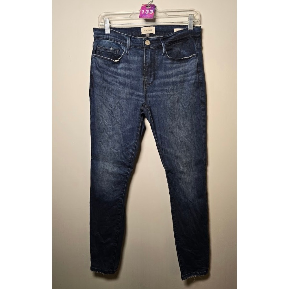 FRAME Womens Le Skinny de Jeanne Jeans Blue Distressed Dark Wash Raw Hem Size 29